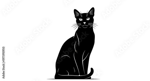 Elegant Black Cat Sitting Gracefully on White Background.