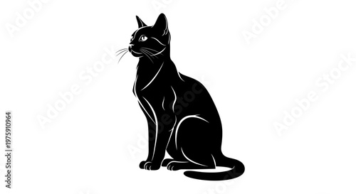 Elegant Black Cat Sitting Gracefully on White Background.