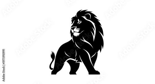 Majestic black lion standing proudly, a symbol of strength and royalty.
