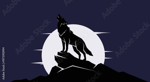 Lone wolf howling at the full moon on a dark night.