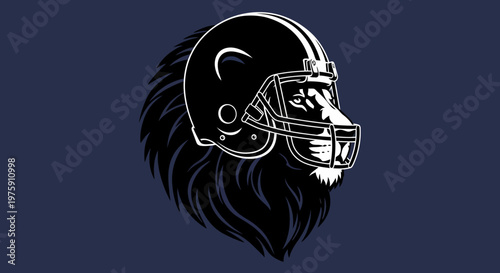 Lion wearing a football helmet on a dark background.
