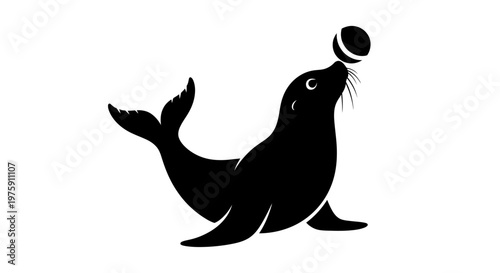 Black silhouette of a seal balancing a ball on its nose.