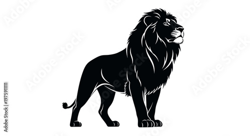 Majestic Black Lion Standing Proudly on White Background.