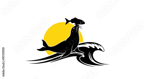 Black silhouette of a seal balancing a fish on its nose with a sun and wave.
