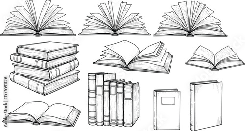 hand drawn book collection illustration, open and closed books set, vintage sketch style, education concept, reading library, literature design elements