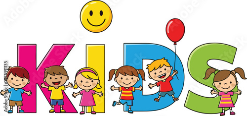 happy kids colorful typography illustration, children playing with letters, playful education concept, fun learning design, cartoon characters, cheerful childhood theme