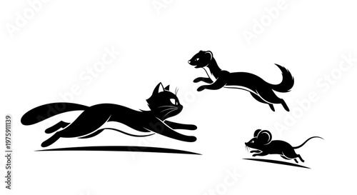 Black silhouettes of a cat, a weasel, and a mouse running in a playful chase, isolated on a white background.