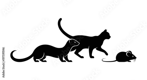 Black silhouettes of a cat, a weasel, and a mouse walking together on a white background.
