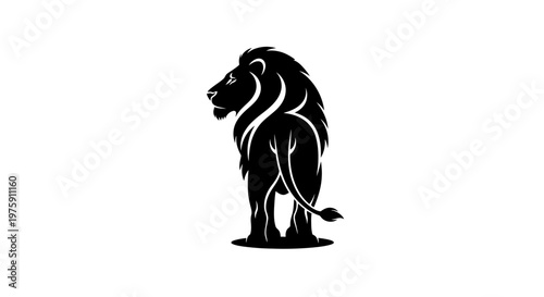 Majestic black lion standing with a powerful stance.