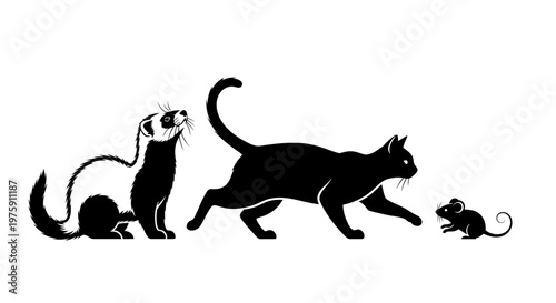 Black silhouettes of a ferret, cat, and mouse in a predatory sequence.