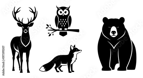 Forest animals set, deer, owl, fox, and bear.