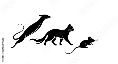 Black silhouettes of a weasel, cat, and mouse in a row.