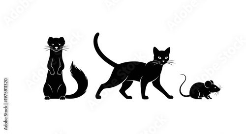 Black silhouettes of a weasel, cat, and mouse on a white background.