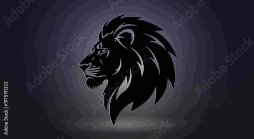 Majestic black lion head profile on dark background.