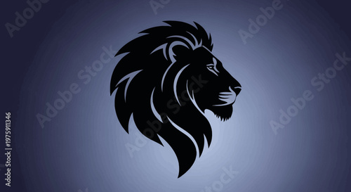 Majestic black lion head silhouette on a gradient blue background.