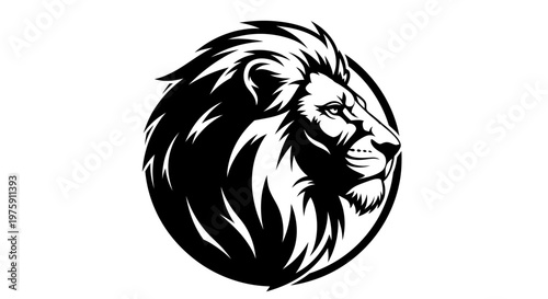 Majestic lion head in black and white profile.
