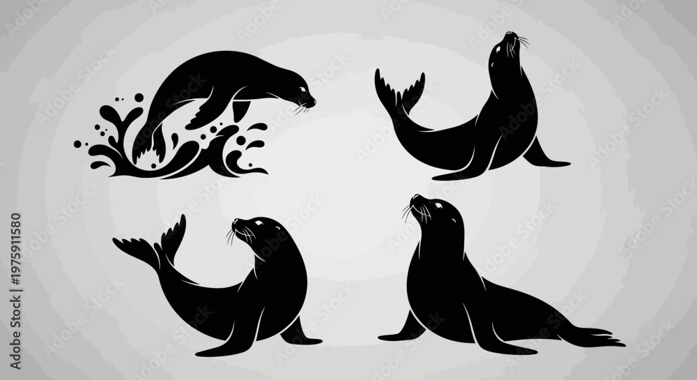 Obraz premium Collection of four distinct black seal silhouettes in various poses.