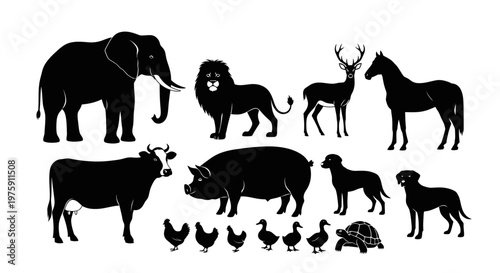 Collection of diverse animal silhouettes including wild and farm creatures.