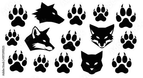 Collection of black silhouettes of various animal paw prints and animal heads, including wolf, fox, and cat, isolated on a white background.
