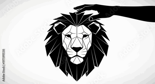 Geometric Lion Head with Hand Touching Mane.
