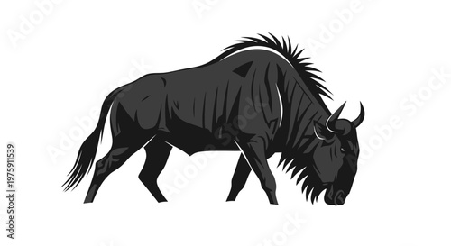 Gnu wildebeest grazing in a minimalist black and white illustration.