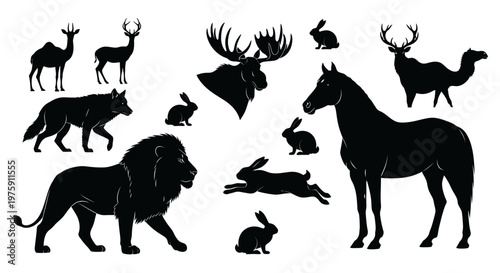 Collection of diverse animal silhouettes including wild mammals and forest creatures.