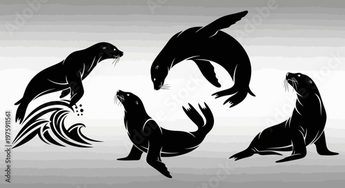 Collection of four black silhouette sea lions in various dynamic poses.