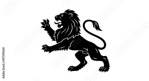 Majestic Black Lion Heraldic Symbol Roaring on White Background.