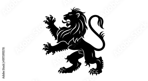 Majestic Black Lion Heraldic Symbol Roaring on a White Background.