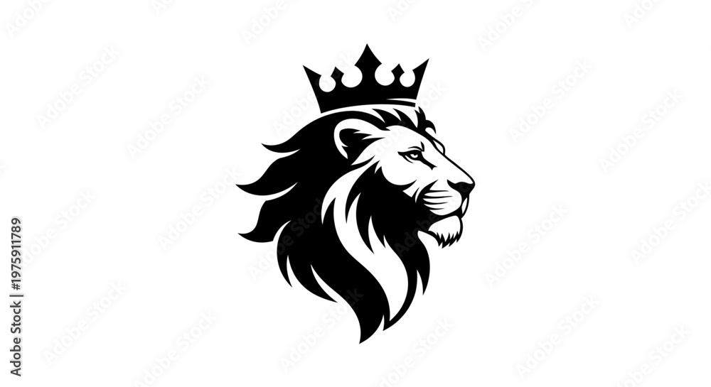 Fototapeta premium Majestic Lion Head with Crown Black and White Vector Illustration.
