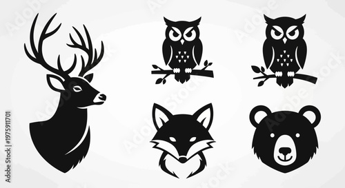 Collection of stylized animal head illustrations, including a deer, two owls, a fox, and a bear, all in black silhouette on a white background.