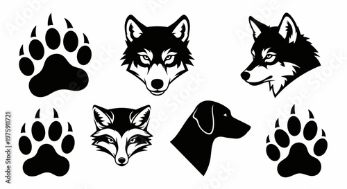 Collection of various animal heads and paw prints in black and white.