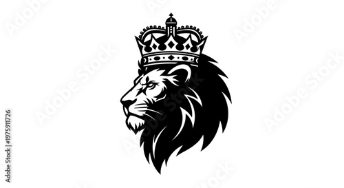Majestic Lion Head with Crown Black and White Illustration.