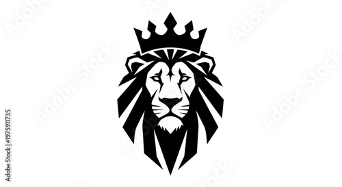 Majestic Lion Head with Crown Black and White Vector.