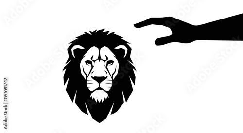 Hand reaching towards a majestic lion head illustration.