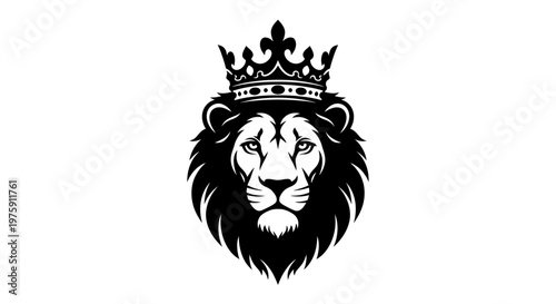 Majestic Lion Head with Crown Black and White Illustration.