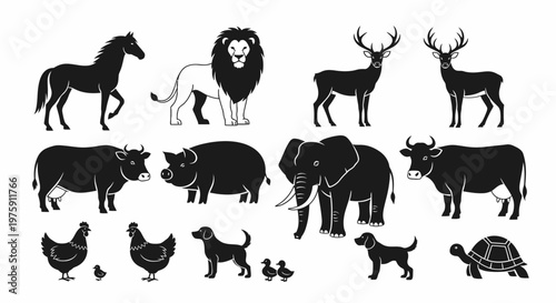 Collection of various animal silhouettes in black and white.