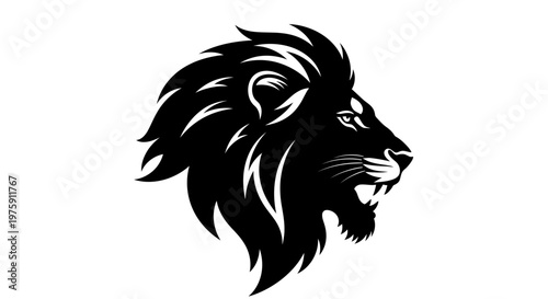 Majestic Lion Head Profile Roaring Black and White Vector.