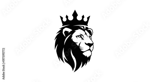 Majestic Lion Head with Crown Black and White Vector Illustration.