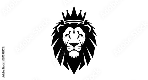 Majestic Lion Head with Crown Black and White Vector Illustration.