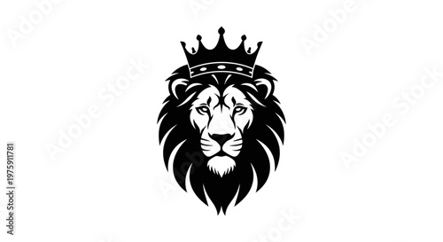 Majestic Lion Head with Crown, Black and White Vector Illustration.