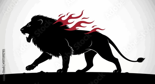 Majestic Black Lion with Fiery Mane Striding with Power.
