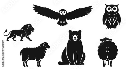 Collection of various animal silhouettes including a lion, bear, owl, and sheep.