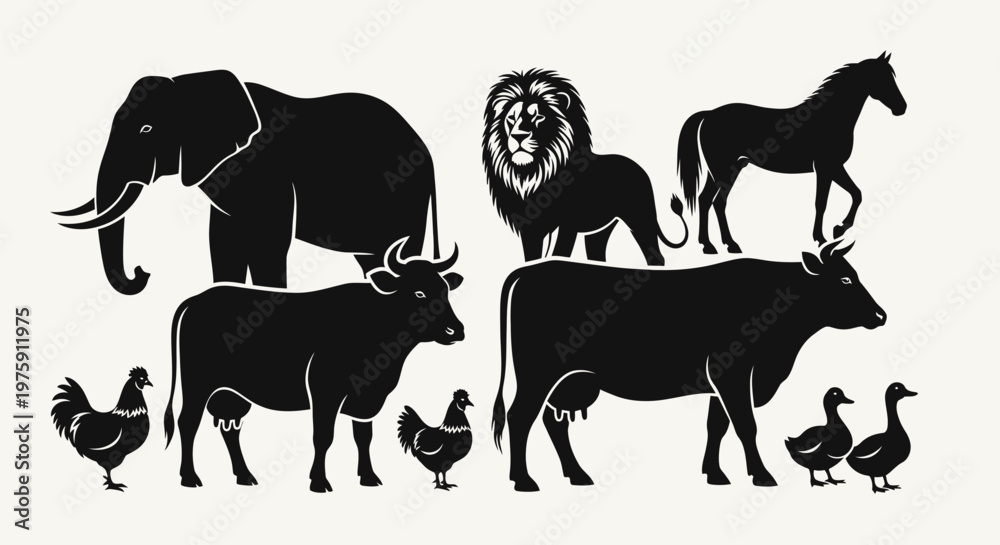 Φωτογραφία Collection of various animal silhouettes including farm animals and wild animals