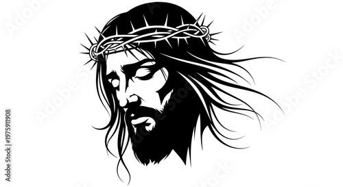 Jesus Christ Face with Crown of Thorns Black and White Illustration.