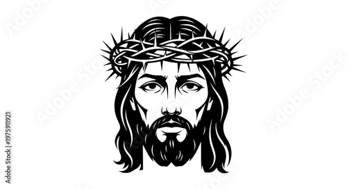 Jesus Christ Face with Crown of Thorns Black and White Illustration.