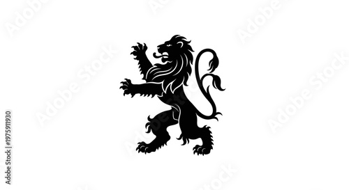 Majestic Black Lion Rampant Heraldic Symbol on White Background.