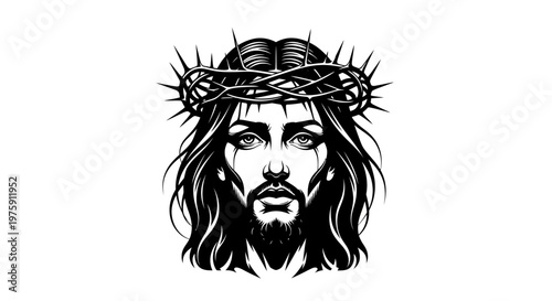 Jesus Christ Face with Crown of Thorns Black and White Illustration.
