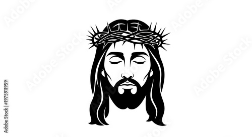 Jesus Christ face with crown of thorns, black and white vector illustration, religious symbol of faith and sacrifice.