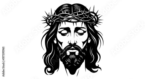 Jesus Christ Face with Crown of Thorns Vector Illustration.